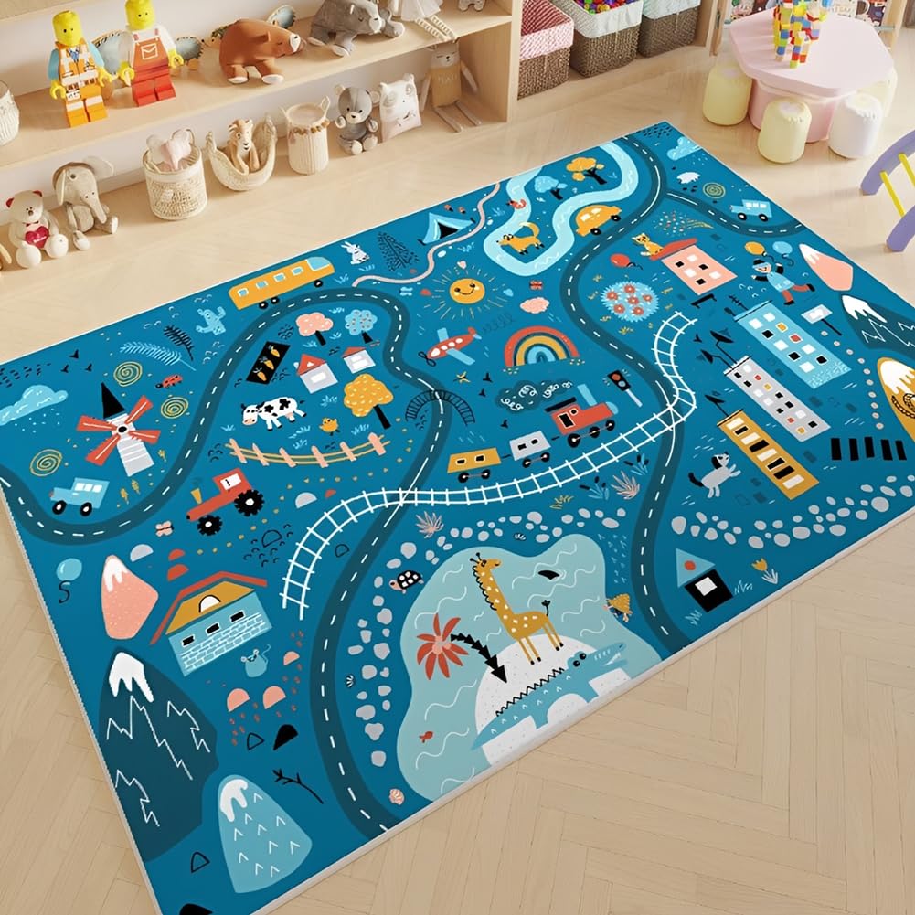 City Life dywan dziecięcy, mata do zabawy, mata do zabawy, antypoślizgowa mata drogowa, mapa miasta, mata edukacyjna do pokoju zabaw, chłopców, sypialni, klasy, 80 x 120 cm