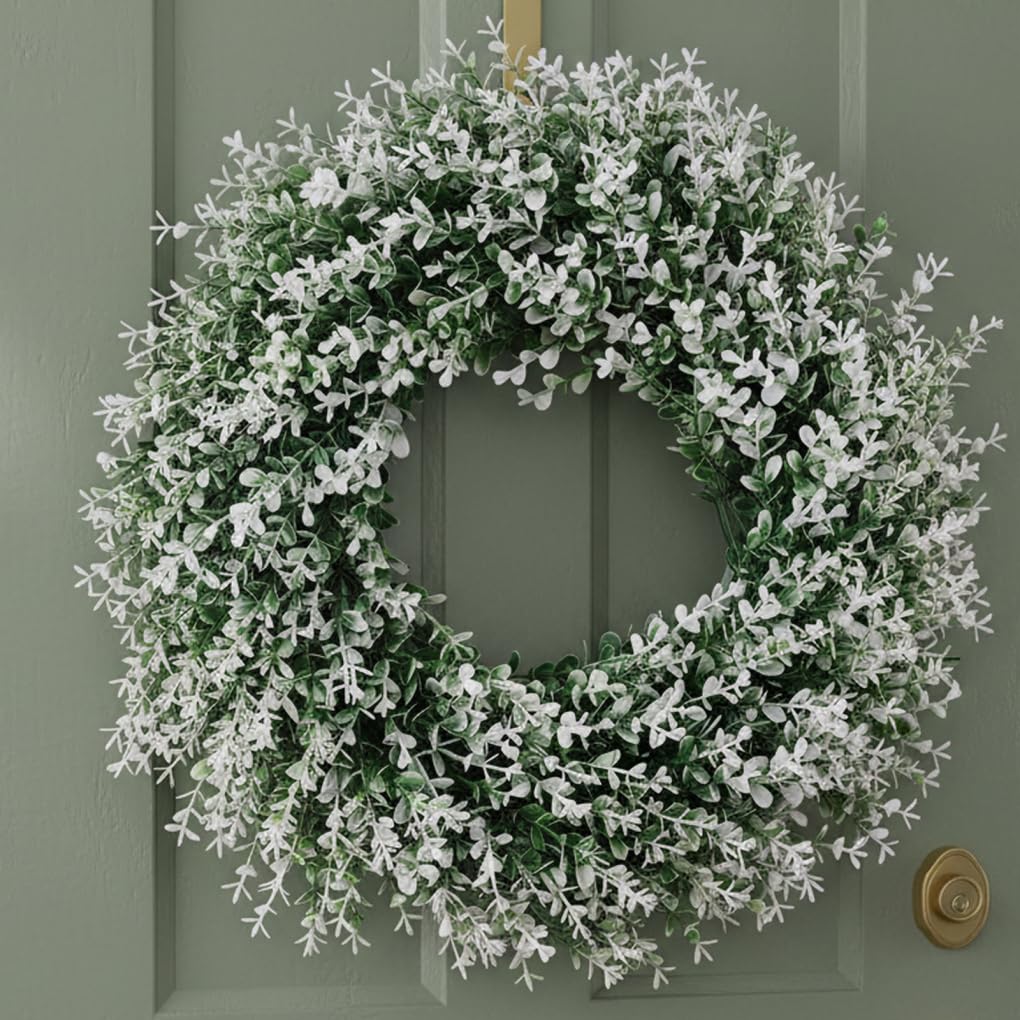 Faticenic Green And White Spring Wreath For Front Door - Elegant Eucalyptus And White Flowers 13.8 Inch Wreath, Farmhouse Door Decor For Year-Round Display, Pet Decors
