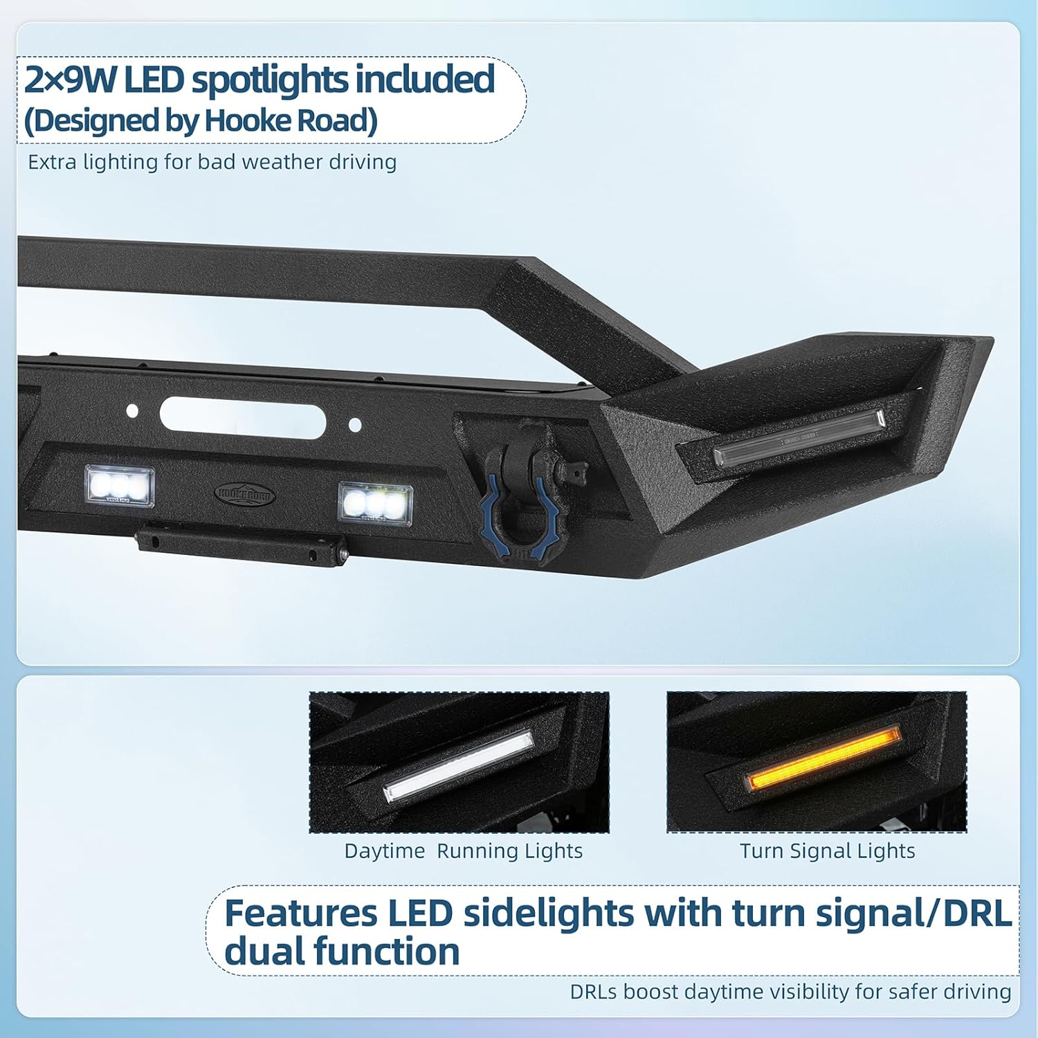 Hooke Road Trail X Front Bumper w/Brush Guard for 2018-2026 Jeep Wrangler JL & Gladiator JT 2/4 Doors, Winch Plate 12,000 lbs, LED Turn Signals & Spotlights, Heavy-Duty Steel, Bolt-On Upgrade