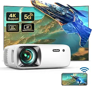 Outdoor Projector 4K Supported 5G WiFi Bluetooth: 19000L 500 ANSI Native 1080P Projector, 4D/4P Keystone 450'' & 50% Zoom Sovboi Mini Movie Projector, SOI-Smart System Portable Projector for Phone/PC