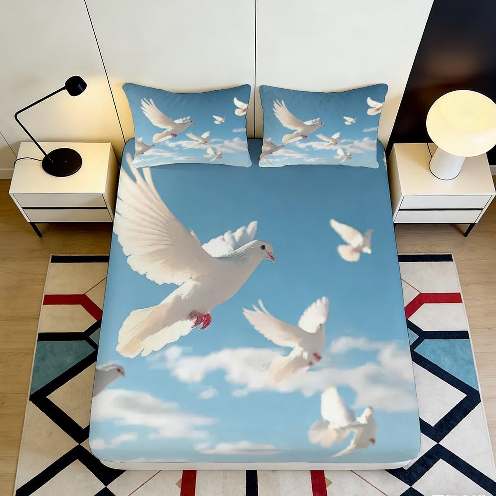 Jqzkxnhpbr Style-2 3D Printed White Dove Sky Fitted Sheet Microfiber Anti-Slip Bed Cover For Bedroom Guest Room Easy Care Decor 90X200x25cm