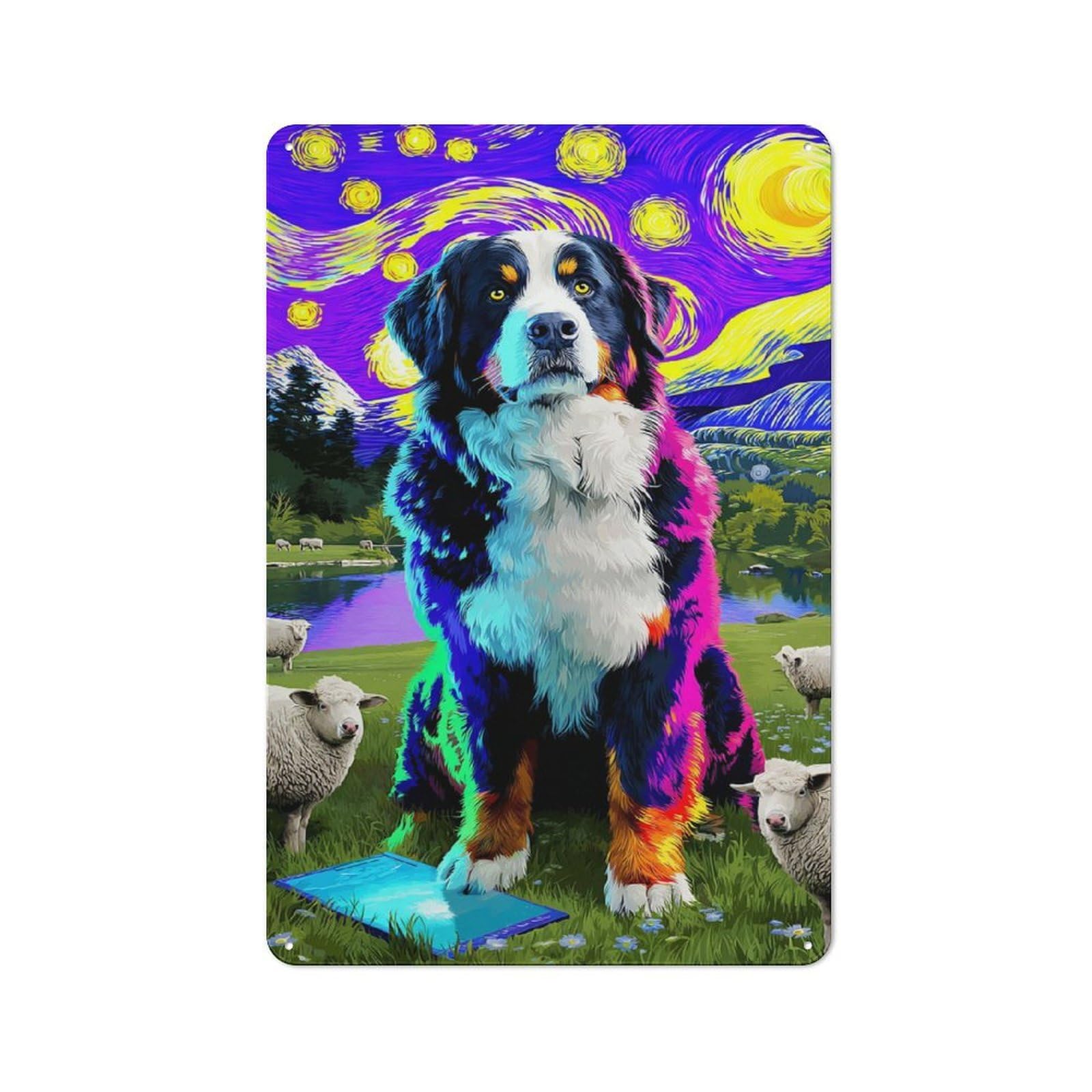 Starry Night Dog with Sheep Retro-style Tin Sign 30x20cm for Guest Room Or Hallway, for An Autumn Update to Guest Room And Hallway