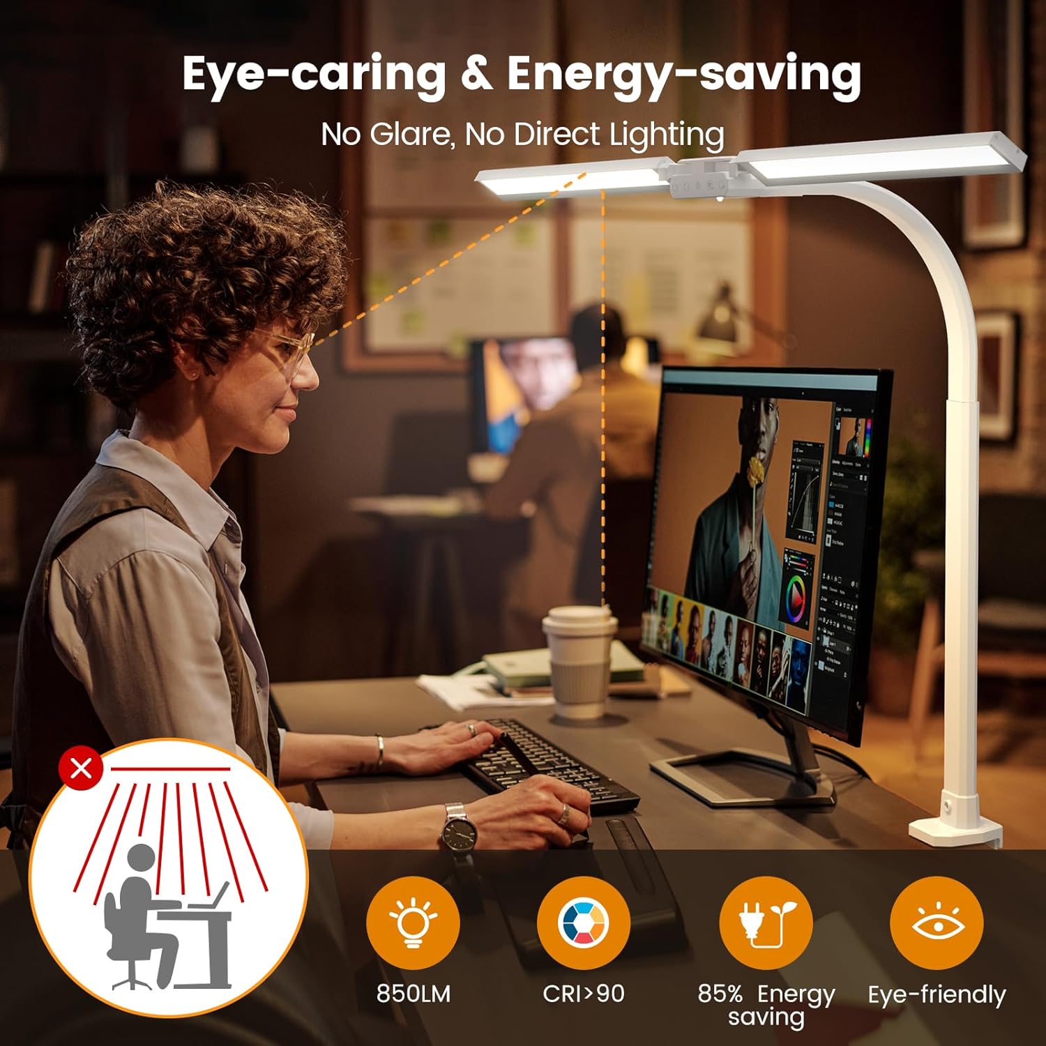 Graphic illustrating the eye-caring and energy-saving features of the SIBRILLE HL10 LED Desk Lamp, including no glare and high CRI.