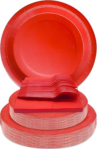 WYQJHKV El juego de suministros rojos para fiesta incluye platos de papel rojo y servilletas, suministros de fiesta, platos de postre rojos para 25