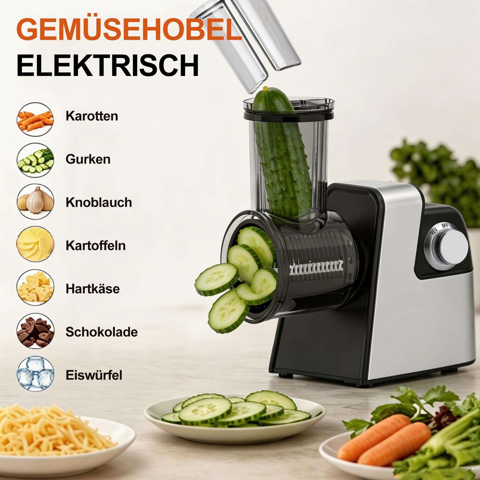 7-in-1 Gemüseschneider Elektrisch, Multifunktional Elektrisch Käsereibe | Gemüsereibe mit 7 Edelstahlklingen, Ein-Knopf Schneidemaschine für Käse Gemüse Obst & Nüssen