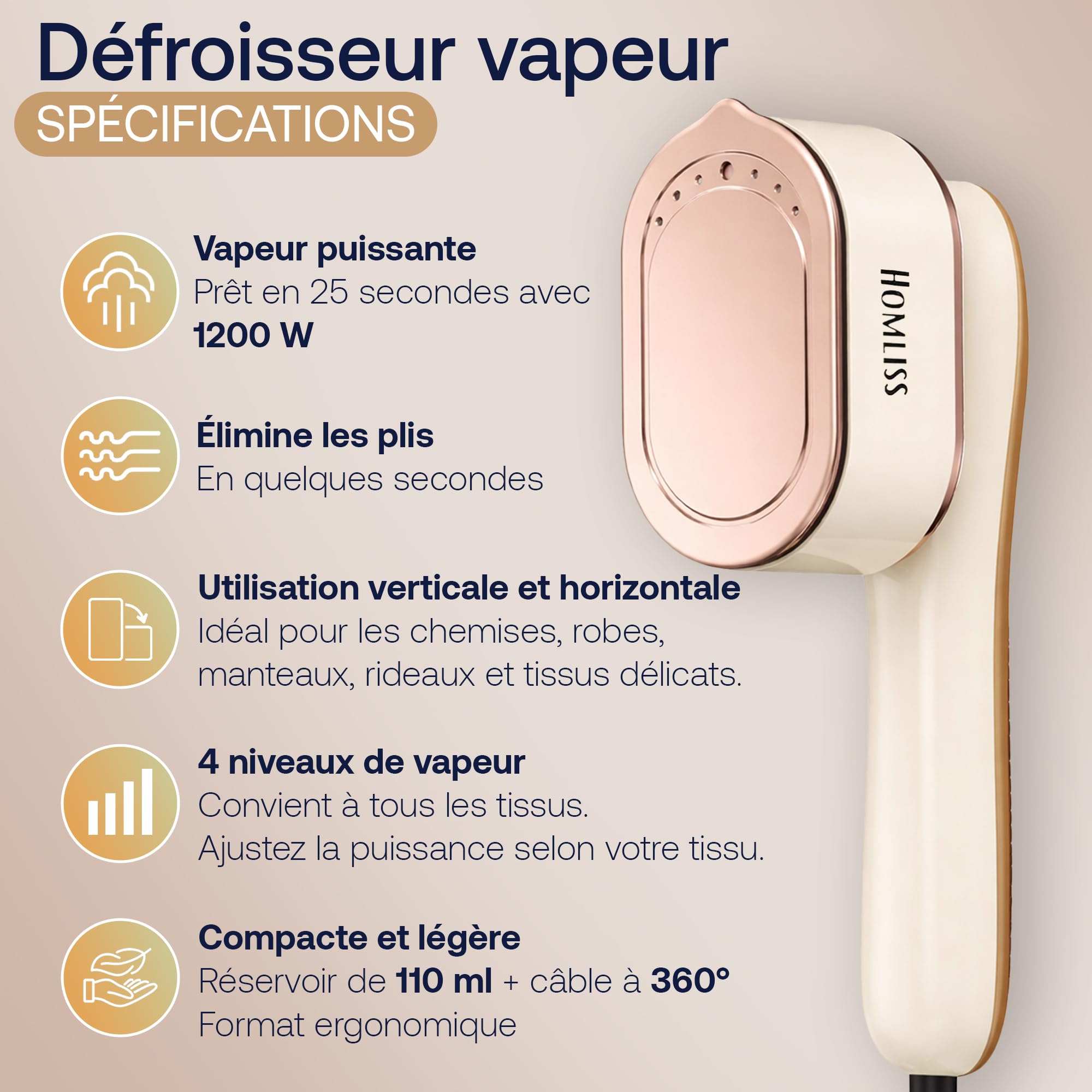Défroisseur Vapeur 2 en 1 – Fer à Repasser Voyage Compact 1200W | Prêt en 10s | Réservoir 110ml | 4 Niveaux Vapeur | Utilisation Verticale & Horizontale | Tous Tissus