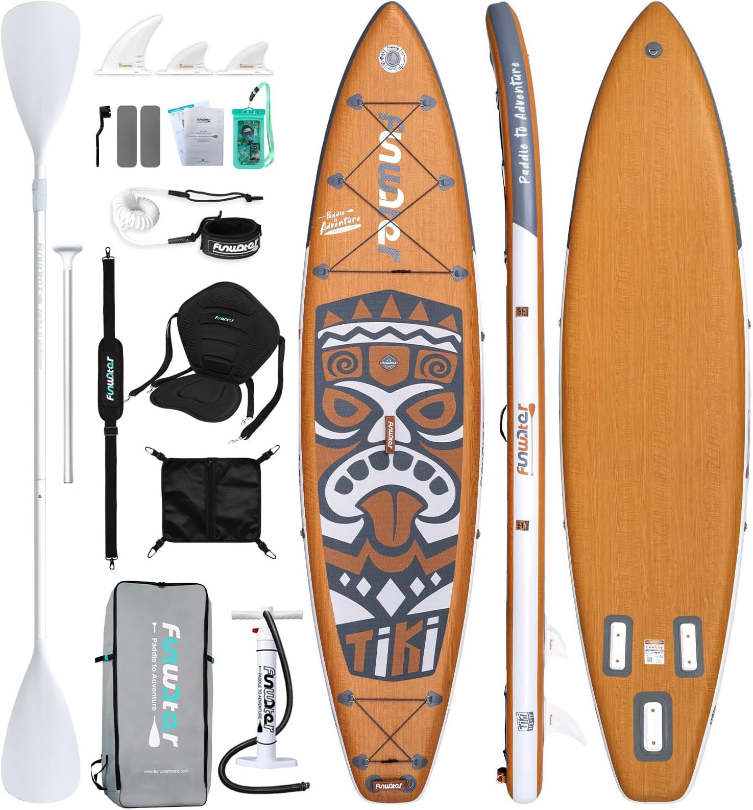 FunWater Retro Tiki Inflatable Paddle Board Stand Up Paddle Board Extra Long and Wide 11 feet 6 x 33 inches with Double Action Pump, Deck Bag, Double-Ended Paddle, Seat, SUP Carry Strap