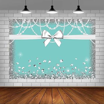 Breakfast Blue White Bowknot Diamond Birthday Photo Backdrops Glitter Sweet 16 Turquoise Photography Background Baby Shower Bridal Shower Party Decorations Banner