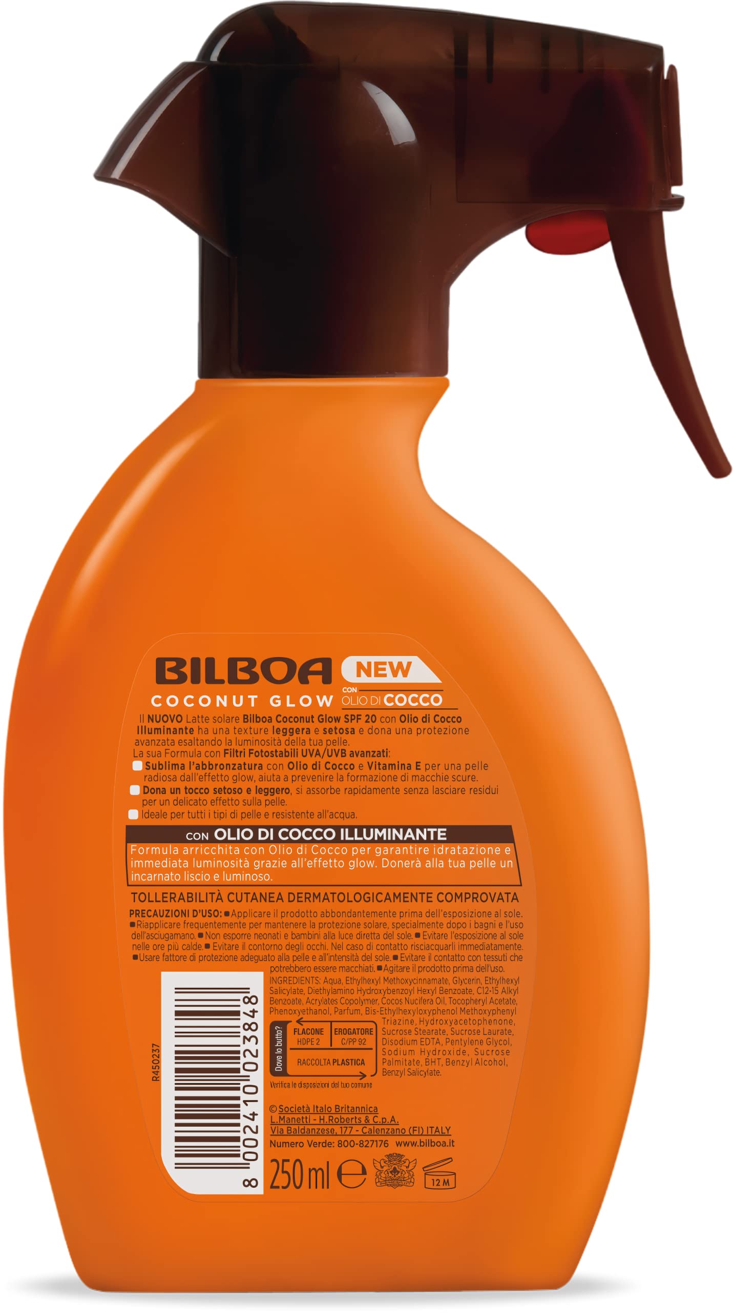 Bilboa, Trigger Solare Coconut Glow SPF 20, Crema Solare Spray con Olio di Cocco e Vitamina E, Leggera sulla Pelle, Protezione Solare Resistente all'Acqua, 250 ml