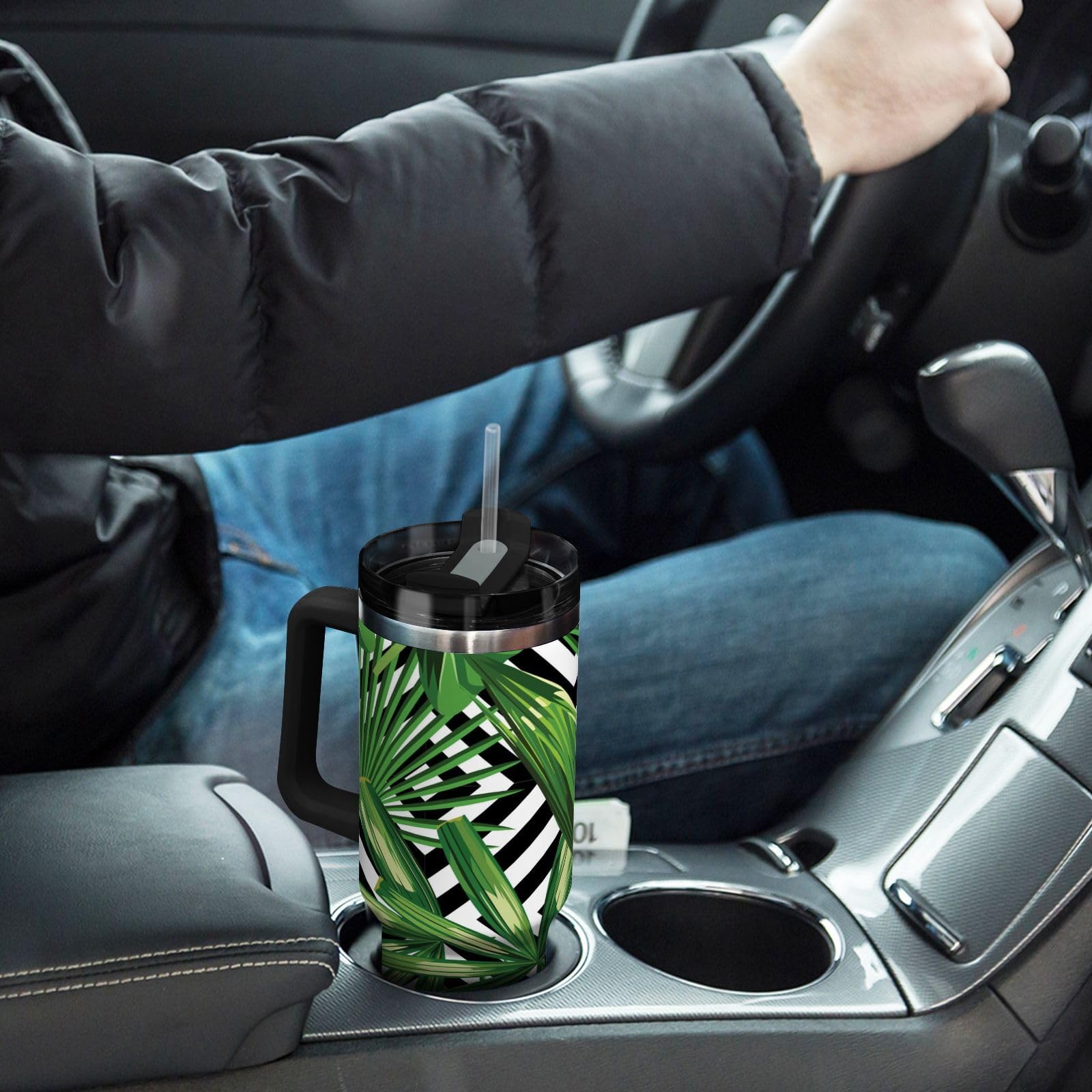 Isolierter Becher Palmenblätter, doppelwandige Edelstahl-Wasserflasche, Kaffeetasse, Reisebecher mit Griff, Strohhalm-Deckel