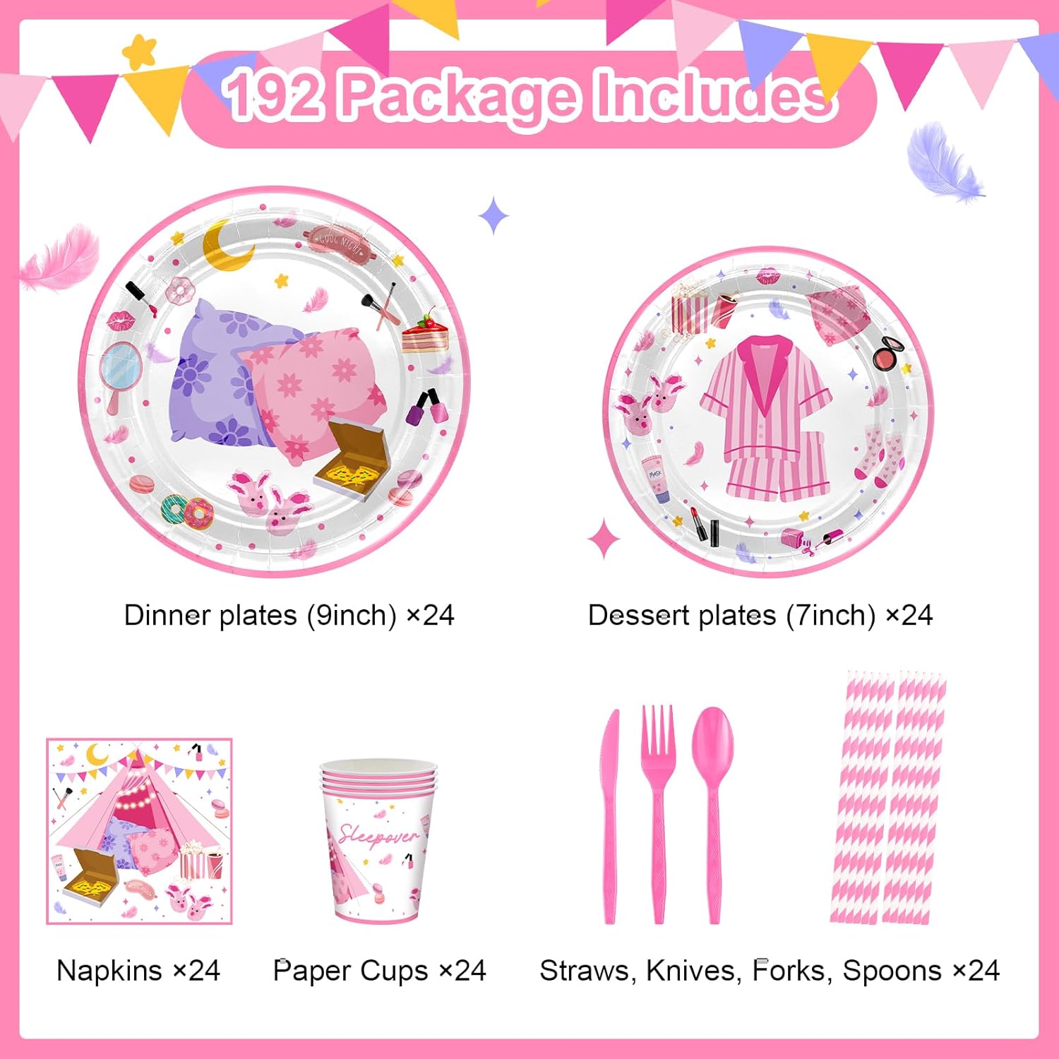 Avezano 192 Pcs Sleepover Party Supplies for Girls Plates Napkins Set Pajama Party Decorations Sleep Over Theme Slumber Decor Disposable Dinnerware for 24 Guests - Image 2