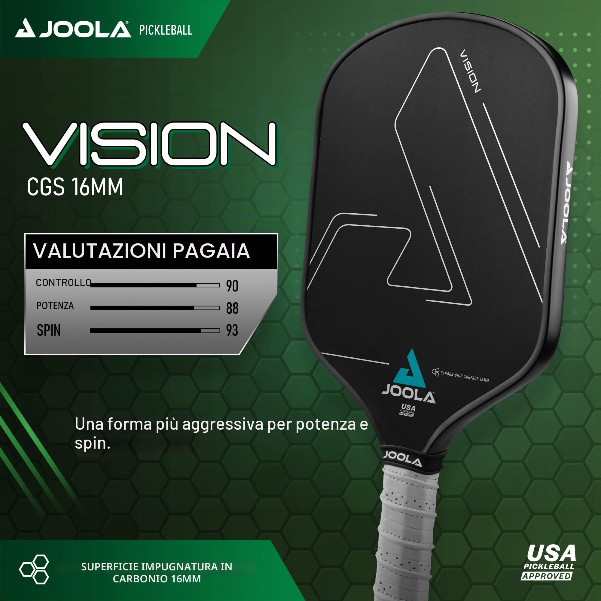 JOOLA Vision - Racchetta da pickleball con superficie testurizzata in carbonio per la massima rotazione e controllo con maggiore potenza, in polipropilene a nido d'ape, disponibile in 14 mm e 16 mm