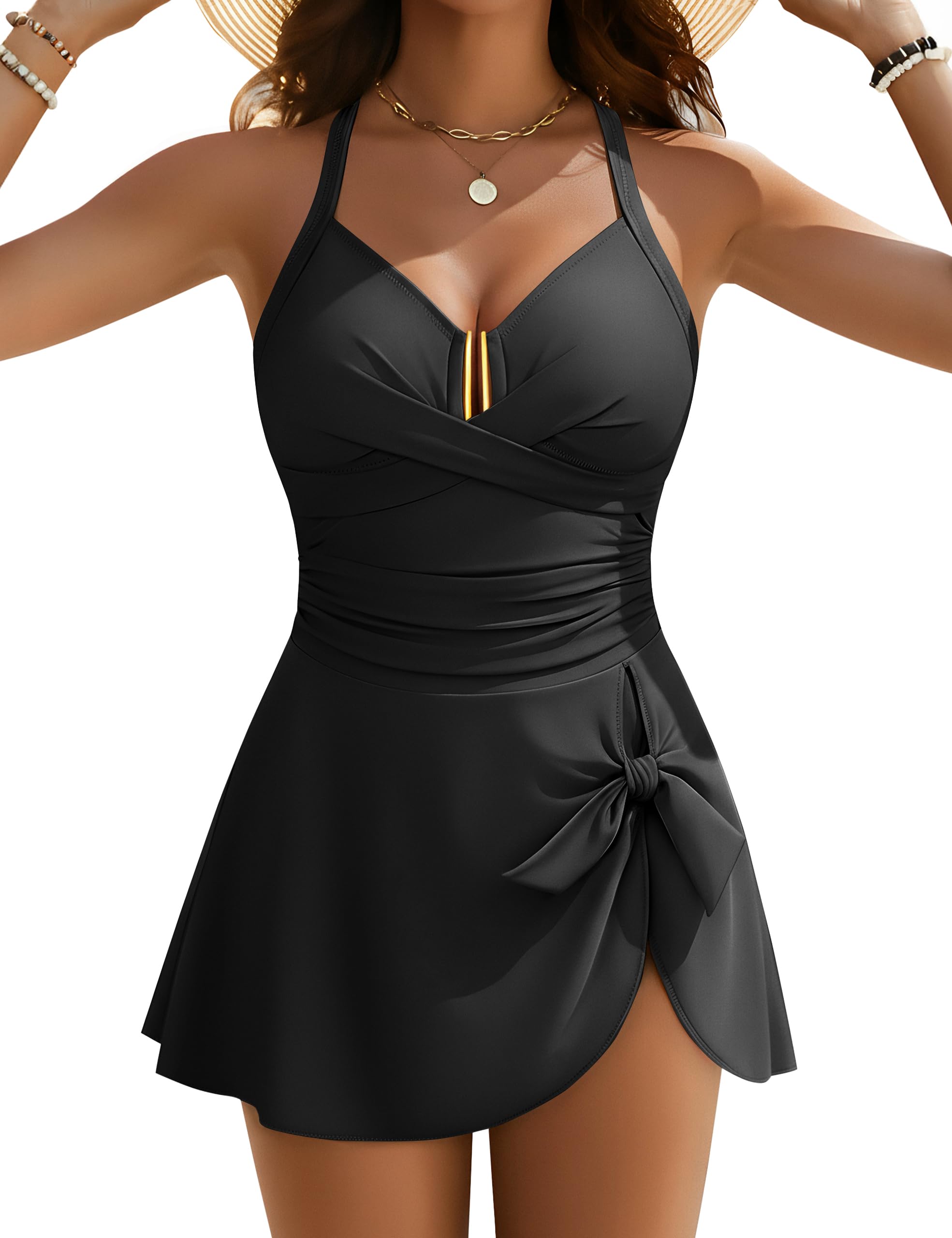 Blooming Jelly Womens Tummy Control One Piece Swimsuits Criss Cross Push Up Bathing Suits U-Wire Ruched Swim Dress