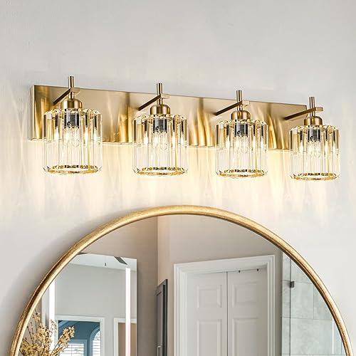 Miniatura 8 de Modernas luces de cristal para tocador de baño, 3 luces doradas, lámparas de baño sobre espejo, iluminación de pared de cristal con acabado de latón