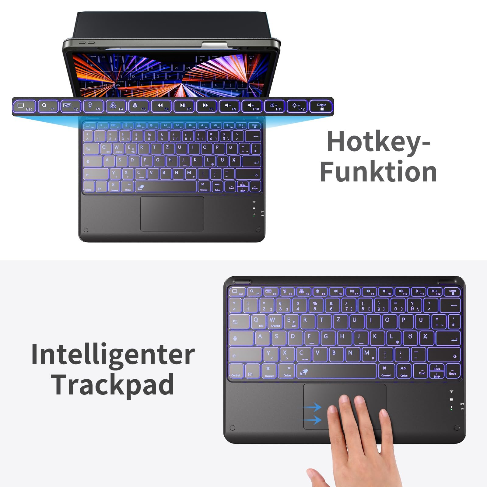 Vobafe Hülle Tastatur für iPad Air 13 Zoll M4 M3 M2 & Pro 12.9" 3/4/5/6 Gen | QWERTZ Keyboard Multi-Touch Trackpad 7 Farben Beleuchtung, Hülle mit Stifthalter für iPad Air 13 (2026/2025/2024), Schwarz