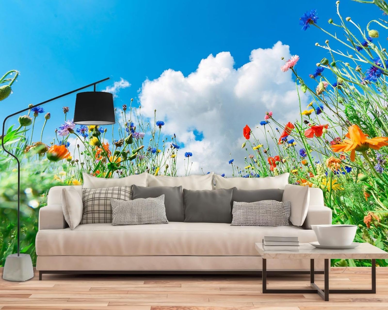 hgjdjhnf Photo Wallpaper Flower Meadow Sky Colourful Wild Flowers Landscape Non-Woven ModernLiving Room Bedroom Children's RoomDecoration Motif,200cmx140cmSticker - Background- Painting