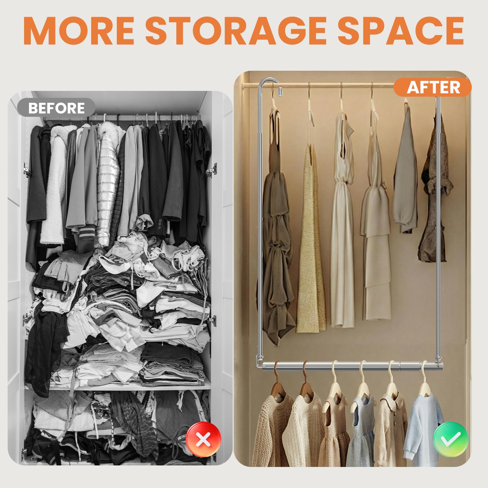 Hanging Closet Rod, Adjustable Height & Width Closet Rods for Hang ing Clothes-Closet Extender Rod Space-Maximizing Design Suitable for Hanging and Drying Clothes, Silver — view 4