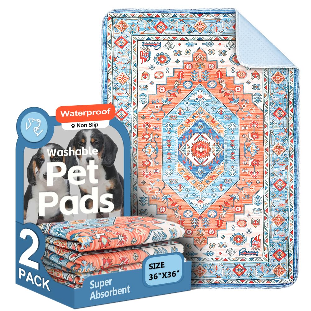 Washable Pee Pads for Dogs 2 Pack Reusable Puppy Training Pads 36"x36" Super Absorbent Waterproof Dog Training Pads, Non-Slip Potty Pads Whelping Pads Litter Mat Pet Supplies - Orange/Mix