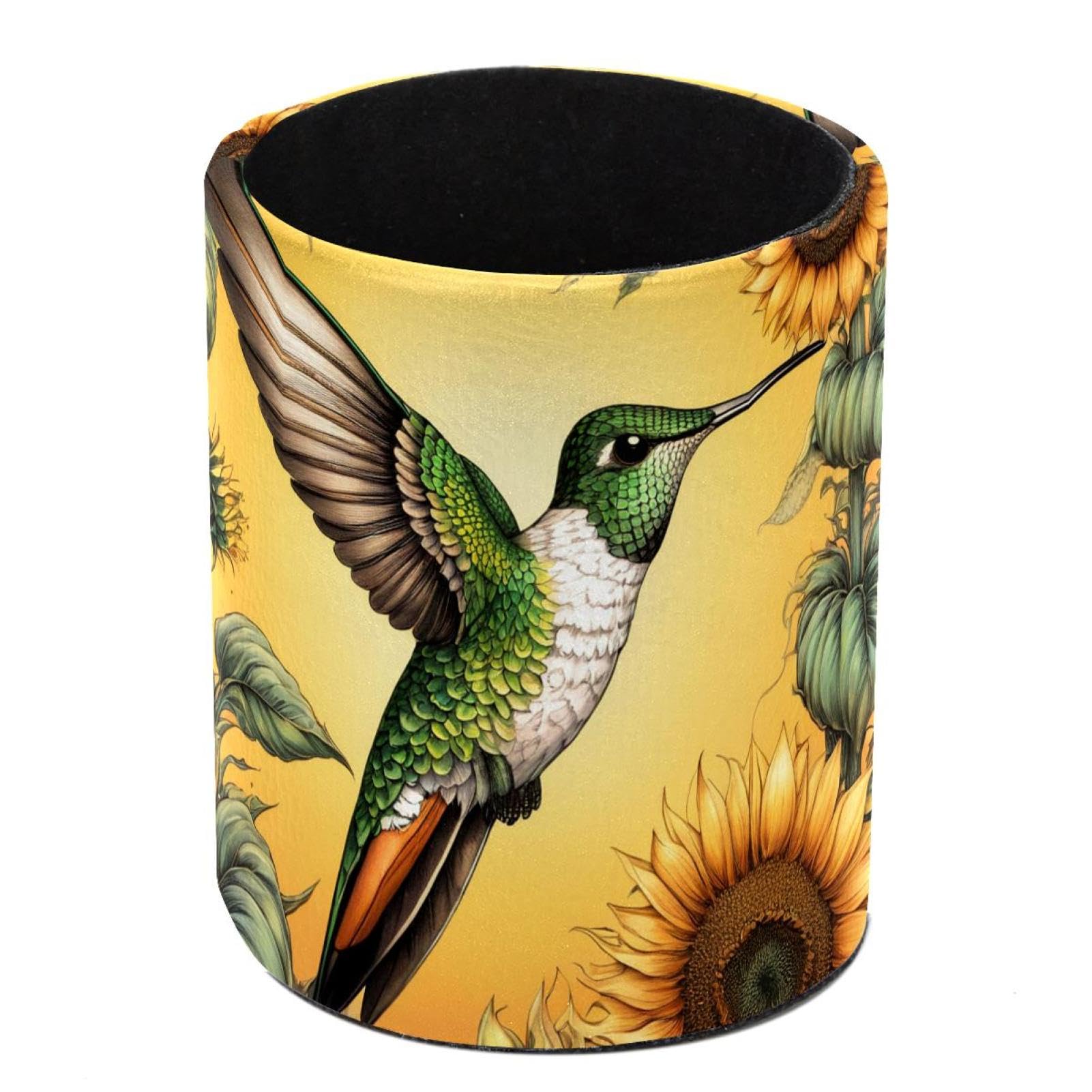 HEOEH Hummingbird Sunflowers Pen Holder for Desk, PU Leather Pencil Holder Pen Cup Marker Holder Makeup Brush Holders, Desk Accessories & Workspace Organizers for Home, Office