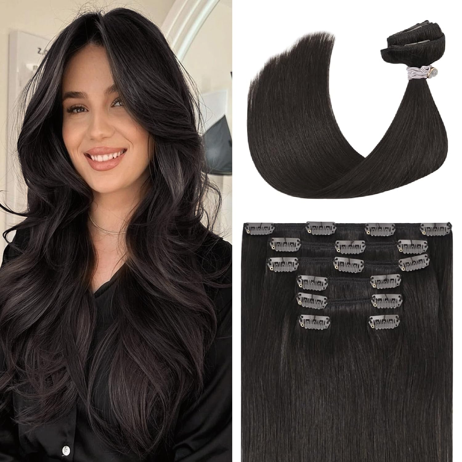 Dark Brown Clip in Hair Extensions Real Human Hair 70g 18 inches 100% Remy Human Hair Clip in Extensions Straight Double Weft for Full Head 7pcs 16clips One Pack #2 Brown Hair Extensions