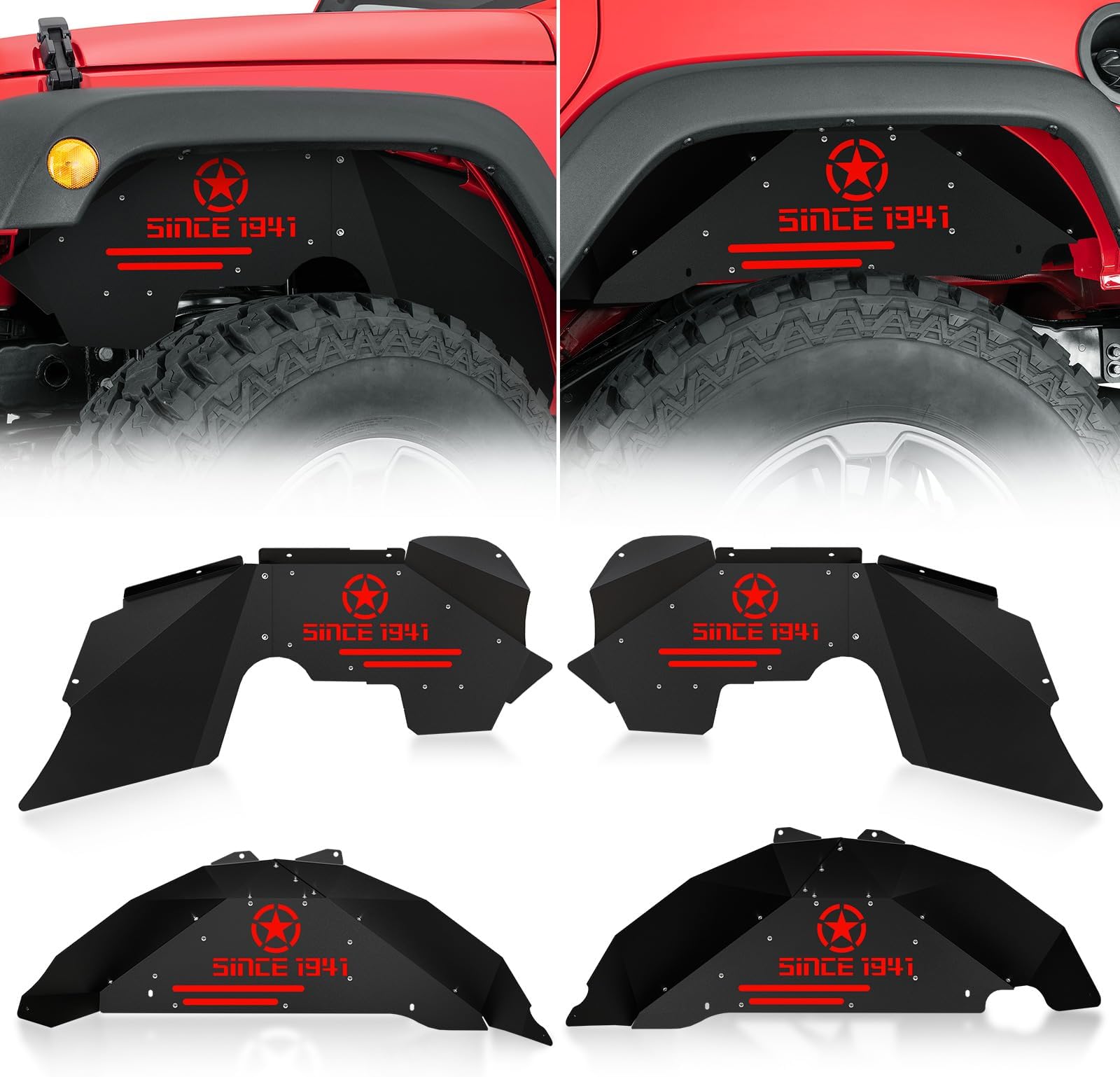 YZONA Front & Rear Inner Fender Liners Compatible with 2007-2018 Jeep Wrangler JK & JKU Unlimited (2/4 Doors), Steel Wheel Well Cover Bolt-on Mud Guards Fenders Flares, Black