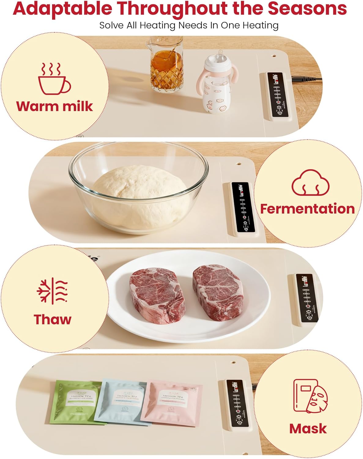 Extra Large Food Warming Mat for Countertop (XXL 36”x16”) - Full-Surface Heating Pad with 4 Temps Settings, Ideal for Buffet Party Food Warmer, Roll-Up Electric Warming Tray for All Gathering, Beige