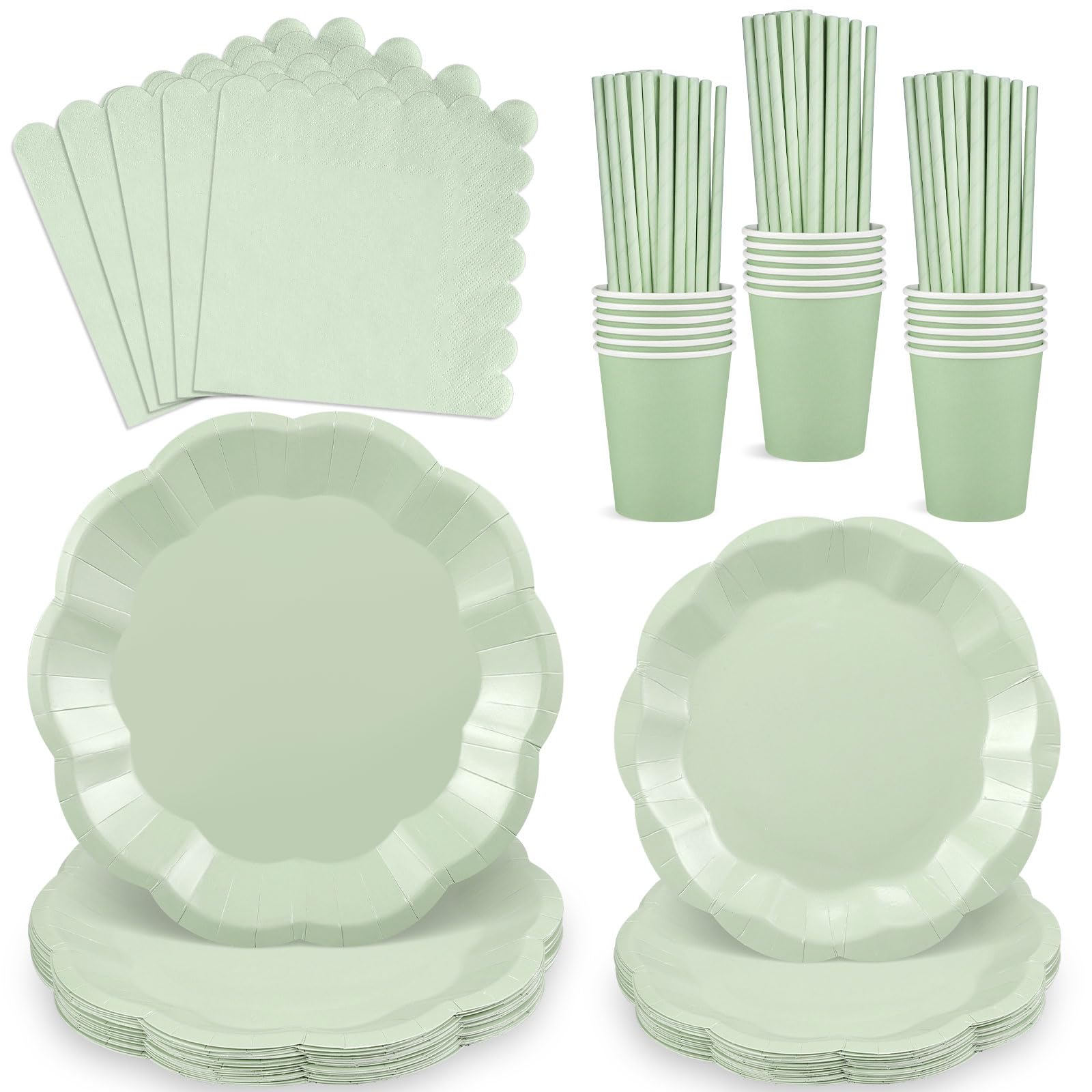 125 Pcs Sage Green Paper Plates and Napkins Set, 25 Guest Sage Green Party Tableware Include Paper Plates Cups and Napkins Straws for Wedding Baby Shower Birthday Bridal Shower