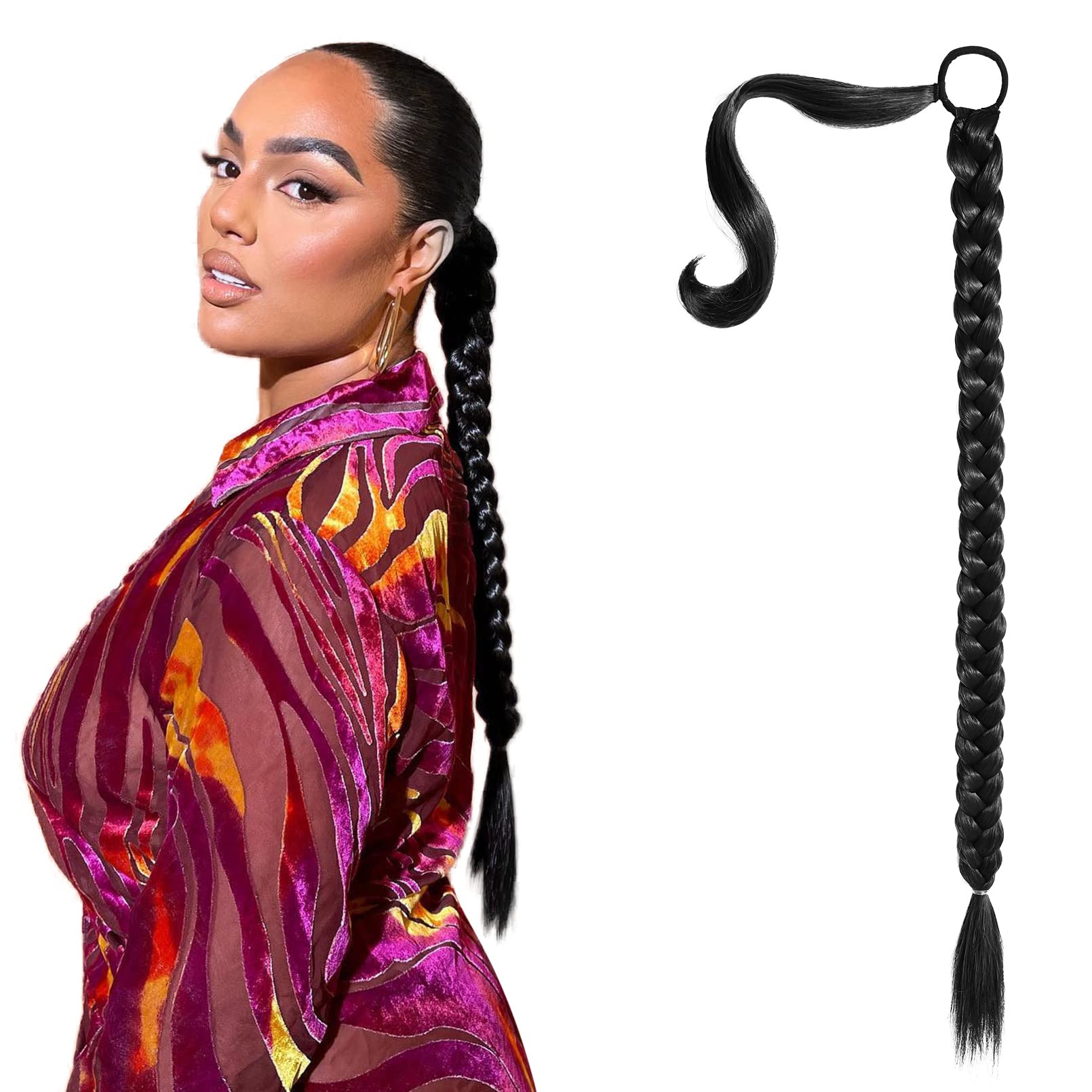 SEIKEA Upgraded Long Braid Ponytail Extension with Elastic Tie Straight Sleek Wrap Around Braid Hair Extensions Ponytail Natural Soft Synthetic