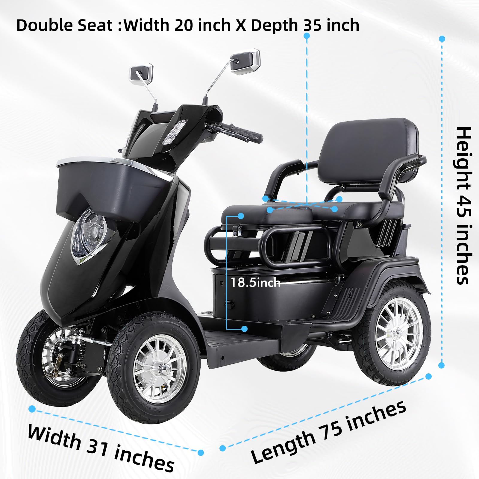 2 Seater Electric Scooter Mobility Scooter for Adults& Seniors 1000W,Heavy-Duty 4 Wheel Mobility Scooters 2 Person Electric Scooter,Adjustable Seat 500lbs Capacity (Black)