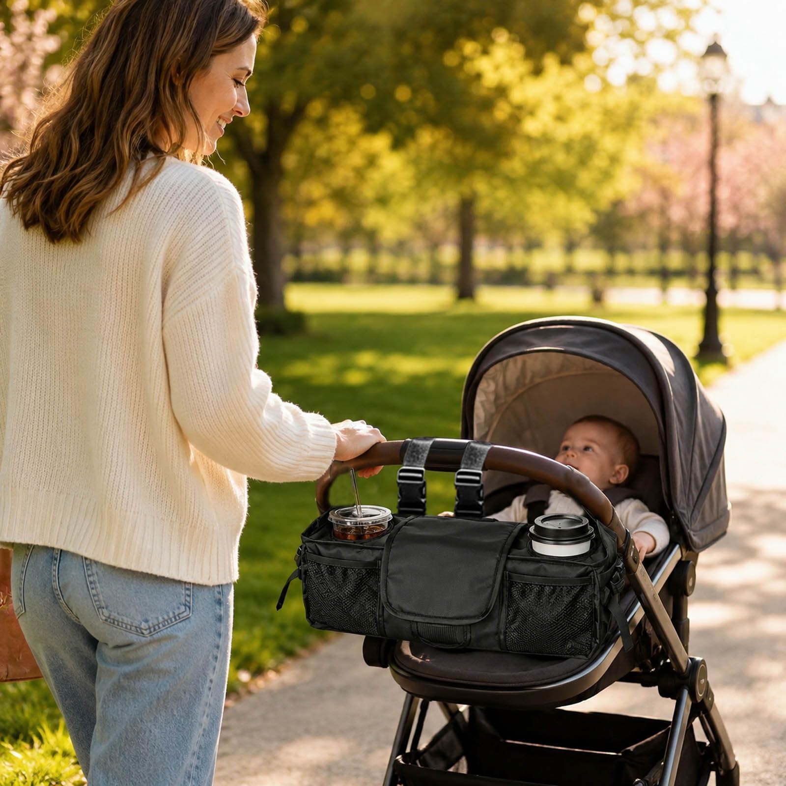 Porte-gobelet double pour poussette - Organiseur étanche spacieux avec 3 compartiments - Organiseur pour poussette de bébé - Pour voyage, usage quotidien, bébé, parents (2)