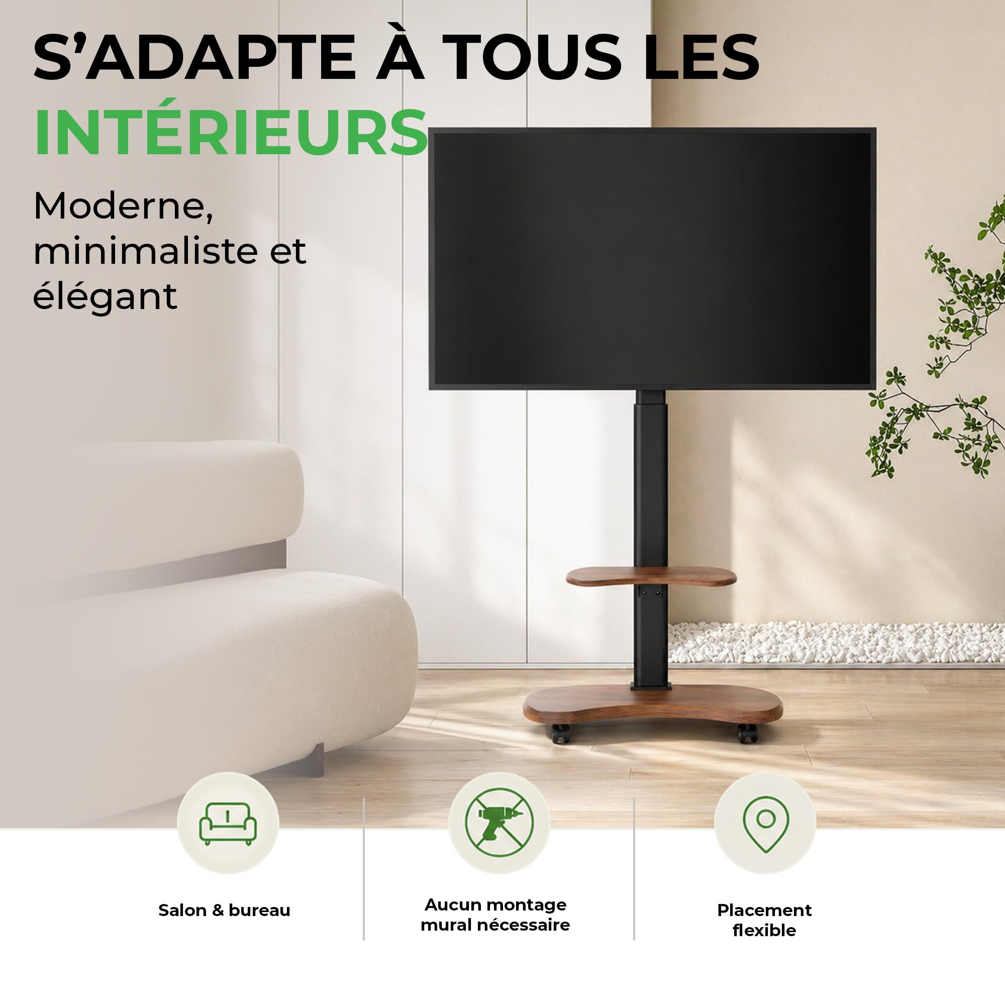 Stellar Support TV Roulant avec Etagère en Bois - Meuble Tele, Chariot Meuble TV à Hauteur Ajustable avec roulettes pour TV 32-70" Jusqu'à 45 kg - Support de TV Universel Max VESA 600x400mm