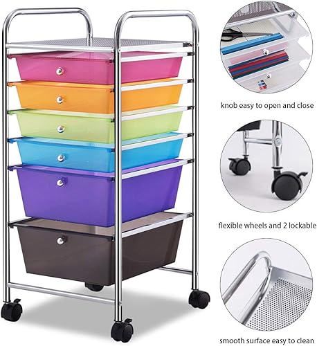 Miniatura 4 de Happygrill Carrito organizador de 6 cajones, carrito de almacenamiento móvil con cajones extraíbles y ruedas bloqueables, carrito de almacenamiento