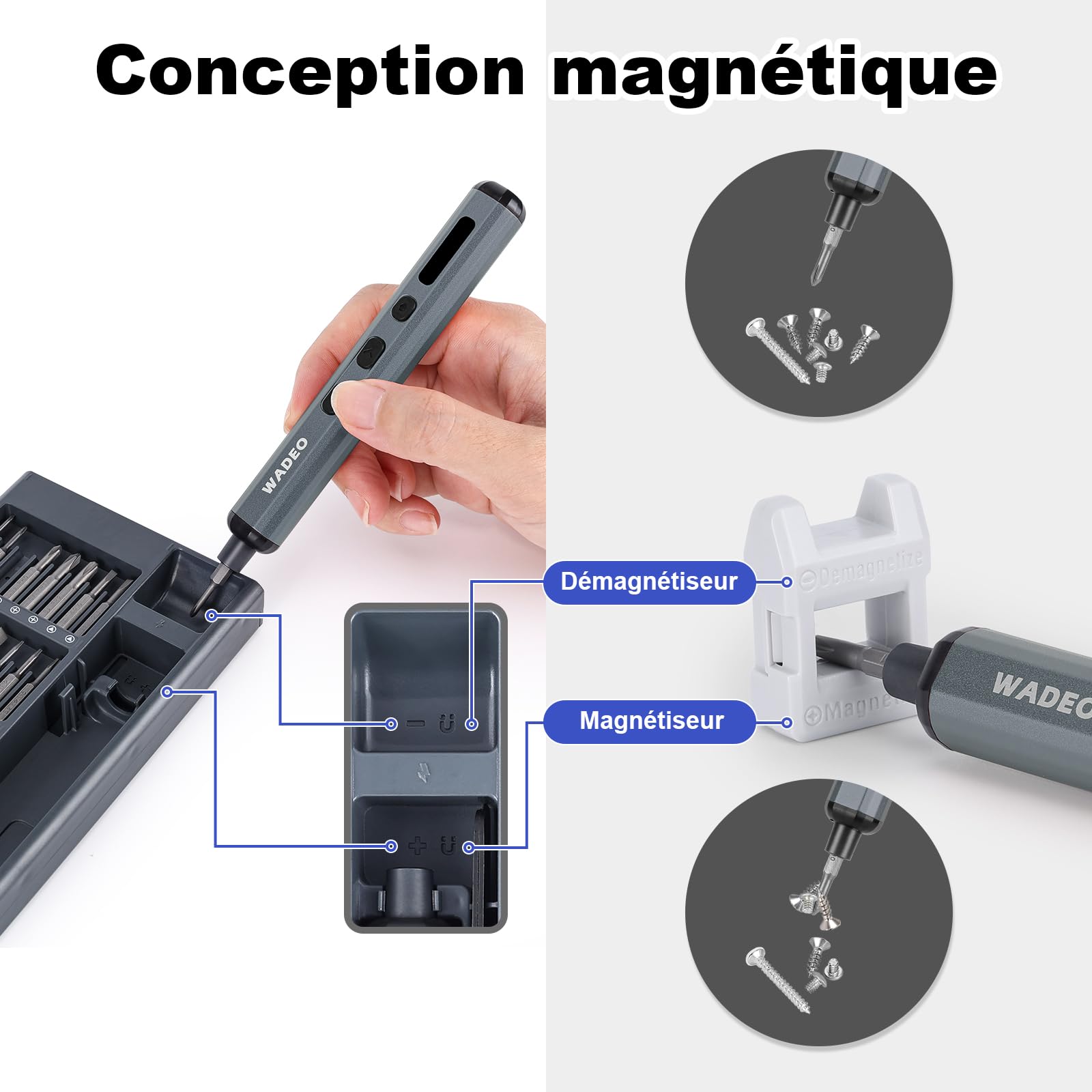 WADEO Tournevis Electrique Sans Fil, 82 en 1 Tournevis de Précision Rechargeable avec 64 Embouts Magnétiques en Acier S2, 5 Réglages de Couple, 4 LED, pour Ordinateur, Portable, Téléphone, Drone RC