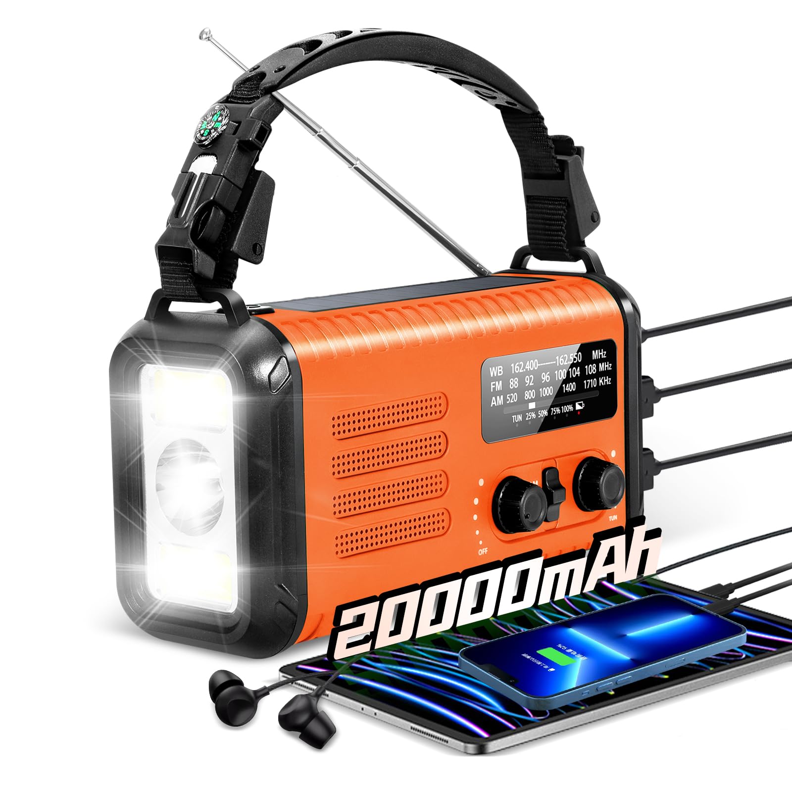 Notfall-Solar-Kurbelradio mit 20.000 mAh, AM/FM NOAA tragbares Wetterradio mit USB-Aufladung, Handy-Ladegerät, SOS-Alarm und Taschenlampen-Leselampe, Kopfhöreranschluss, Kompass (orange)