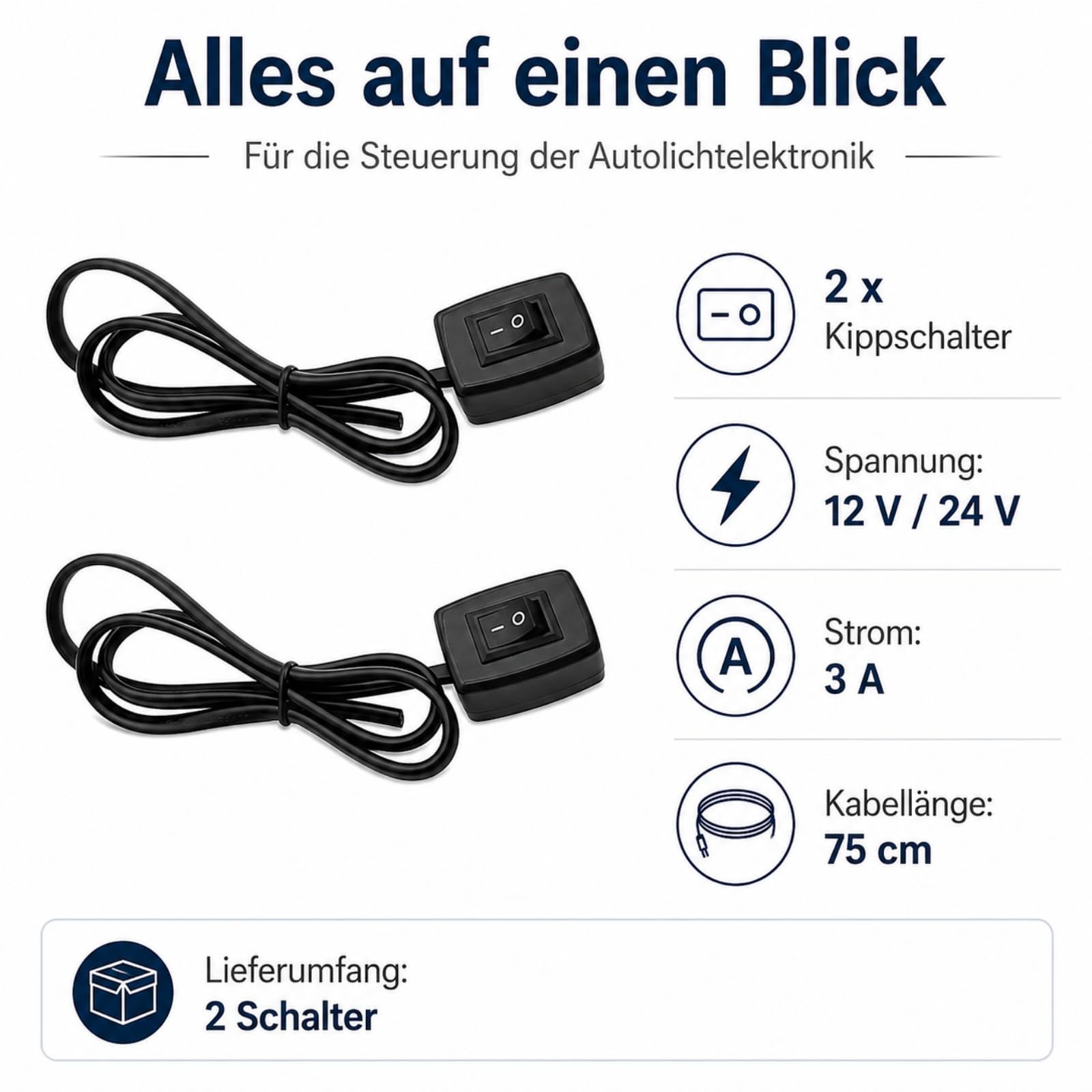 Powice 2 x przełącznik dźwigienkowy 12 V z samoprzylepnym tyłem, przełącznik 3 A 12 V/24 V z kablem 75 cm, przełącznik dźwigienkowy 12 V do sterowania elektroniką oświetlenia samochodowego
