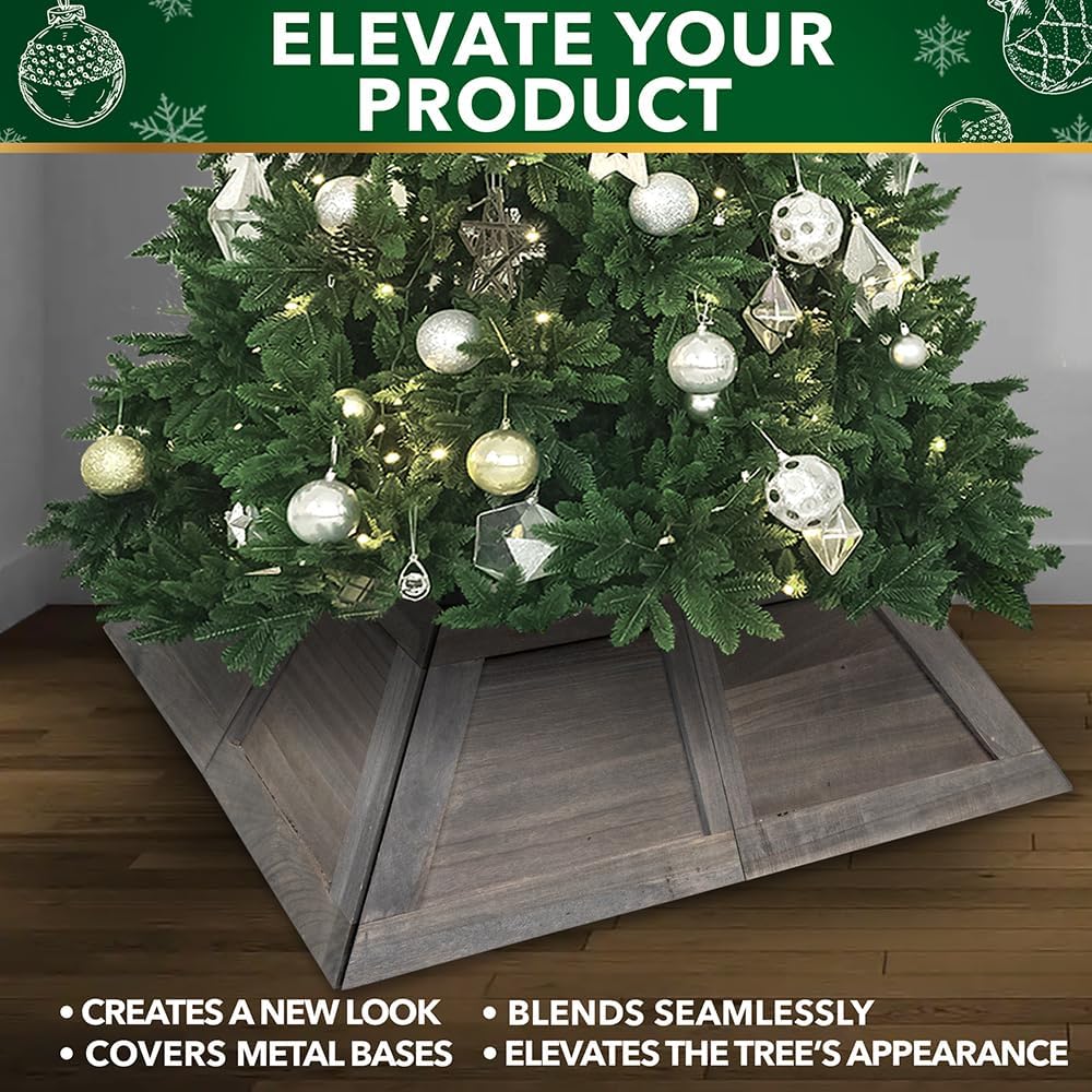 Wooden Trapezoid Christmas Tree Collar & Tree Skirt, Fits Trees Up to 14 FT with 40 Inch Max Stand, Tool Free Assembly (Smoke Gray)