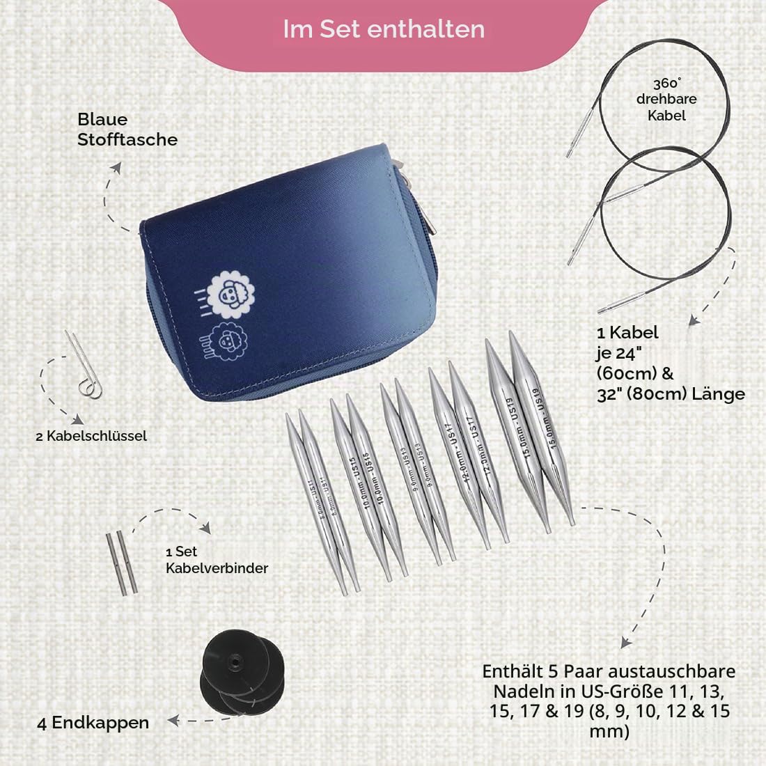 KnitPro Nova Chunky Austauschbare Nadelspitzen Set 5" (13cm) | 5 Größen (8mm bis 15mm)