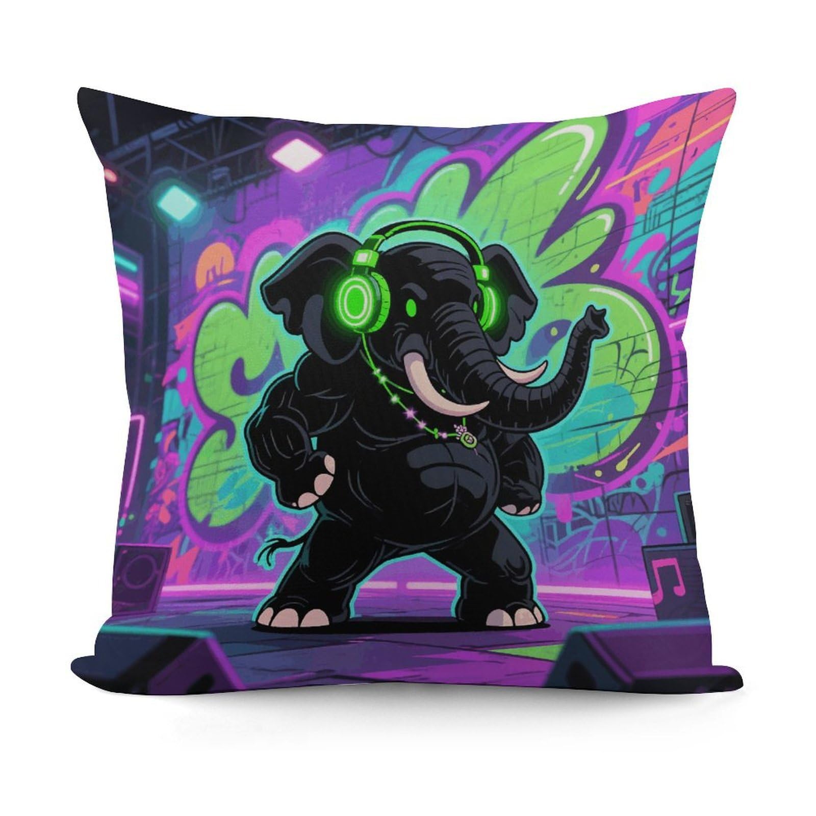 VstaDank Elephant with Headphones Pillow Cover with Invisible Zipper Square Throw Pillowcase Plush Couch Sofa Pillow Case 18x18 Inch Decorative Throw Cushion Covers for Sofa Living Pillowcover