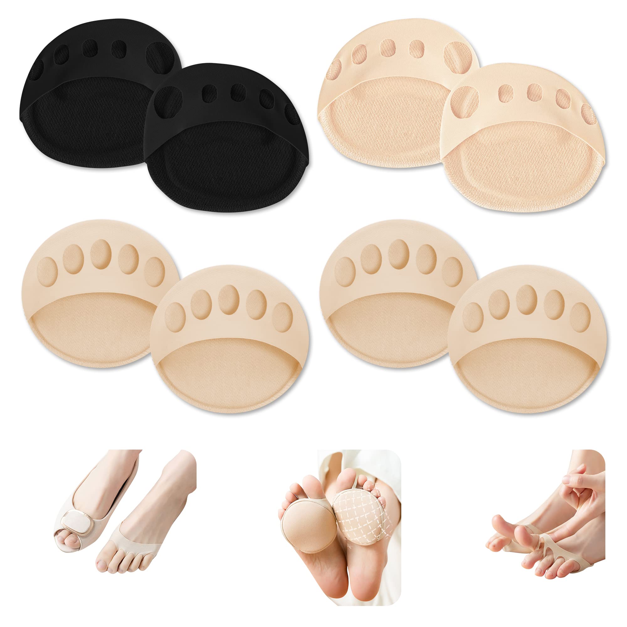 4 Pairs Metatarsal Pads Ball of Foot Cushions Honeycomb Fabric Forefoot Pads for Women High Heels Shoes Foot Pads Invisible Soft Toe Pads (3 Pairs Beige+1 Pairs Black, Style1+Style2)