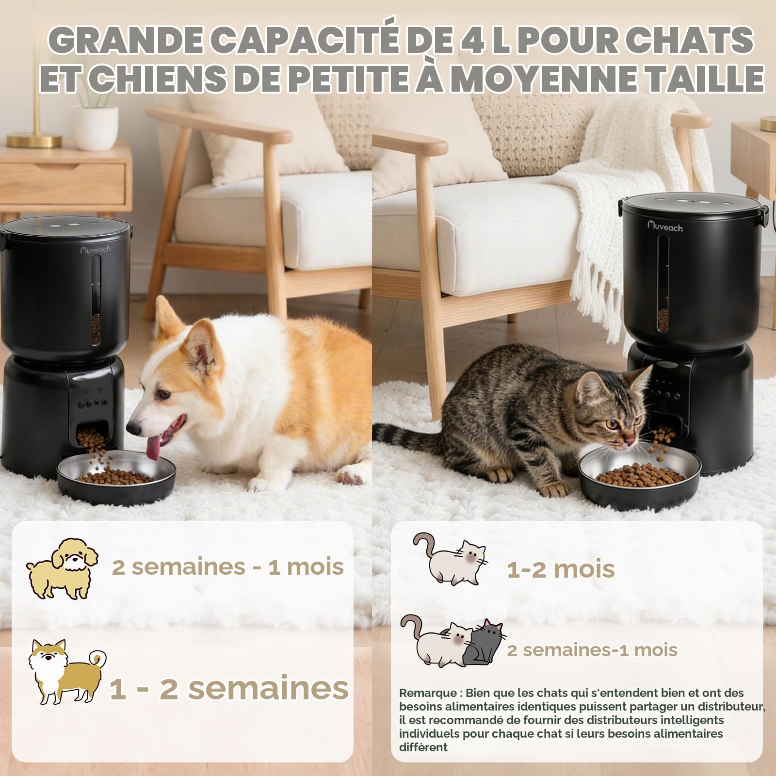 Distributeur Croquettes Chat Automatique et Fontaine Set - 4L WiFi 2,4G Gamelle Automatique Programmable 1-10 Repas/Jour, Enregistrement Vocal 10S, 2.2L Fontaine à Eau pour Chats (Noir)