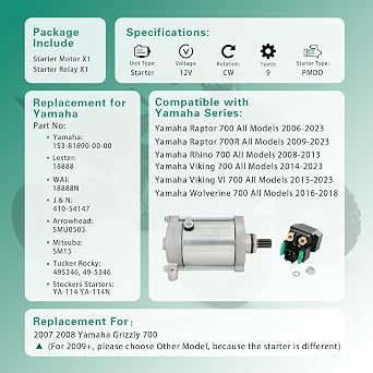 Starter & Relay Compatible with 2007 2008 Yamaha Grizzly 700 YFM7FG