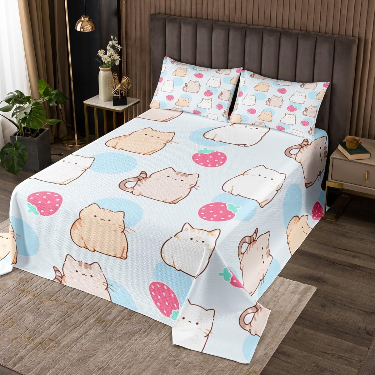 Cute Cartoon Cat Pet Coverlet Set Chic Strawberry Fruit Quilted Coverlet Pink Dot Watercolor Comforter Set Bedspreads Quilt Set for Children Kids Coverlet Set,Twin Size 2 Pcs