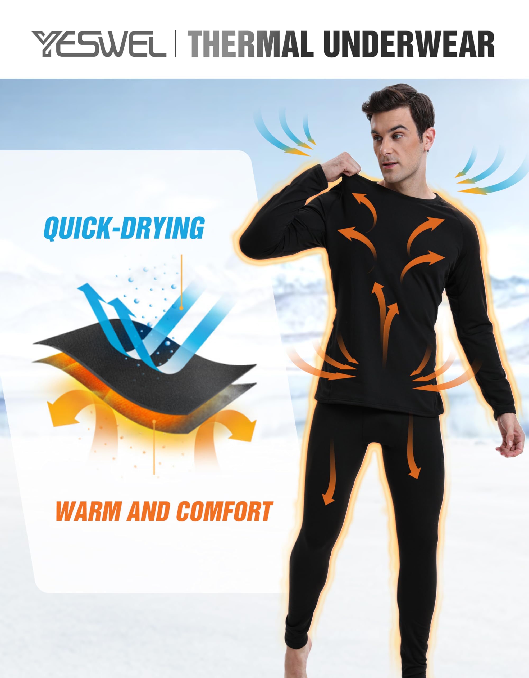 YESWEL sous Vetement Thermique Homme, Ensemble sous-Vêtements Hiver en Polaire Intérieure, sous-Vêtement Chaud Noir pour Ski Cyclisme Randonnée (M-2XL)