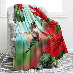 Jekeno Spring Hummingbird Floral Blanket Gifts for Women Kids Girls Mom Wife Birthday Mother's Day Presents Red Flowers Bird Decor for Home Bed Bedroom Soft Cozy Plush Throw Blanket 50"x60"