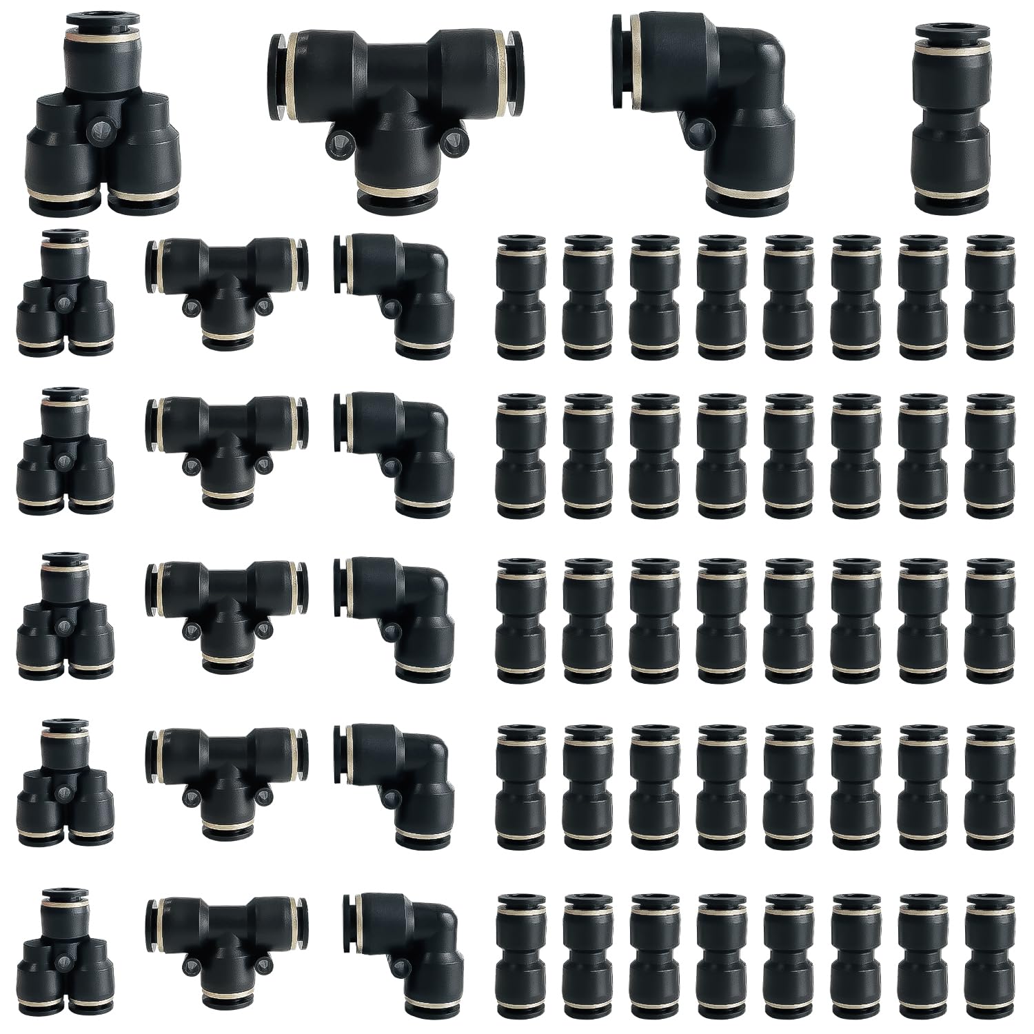 55 raccordi a spinta per collegare, a sgancio rapido, kit di raccordi per tubi pneumatici, 40 dritti, 5 splitter 5 a T, 5 gomiti (1/4" Od)