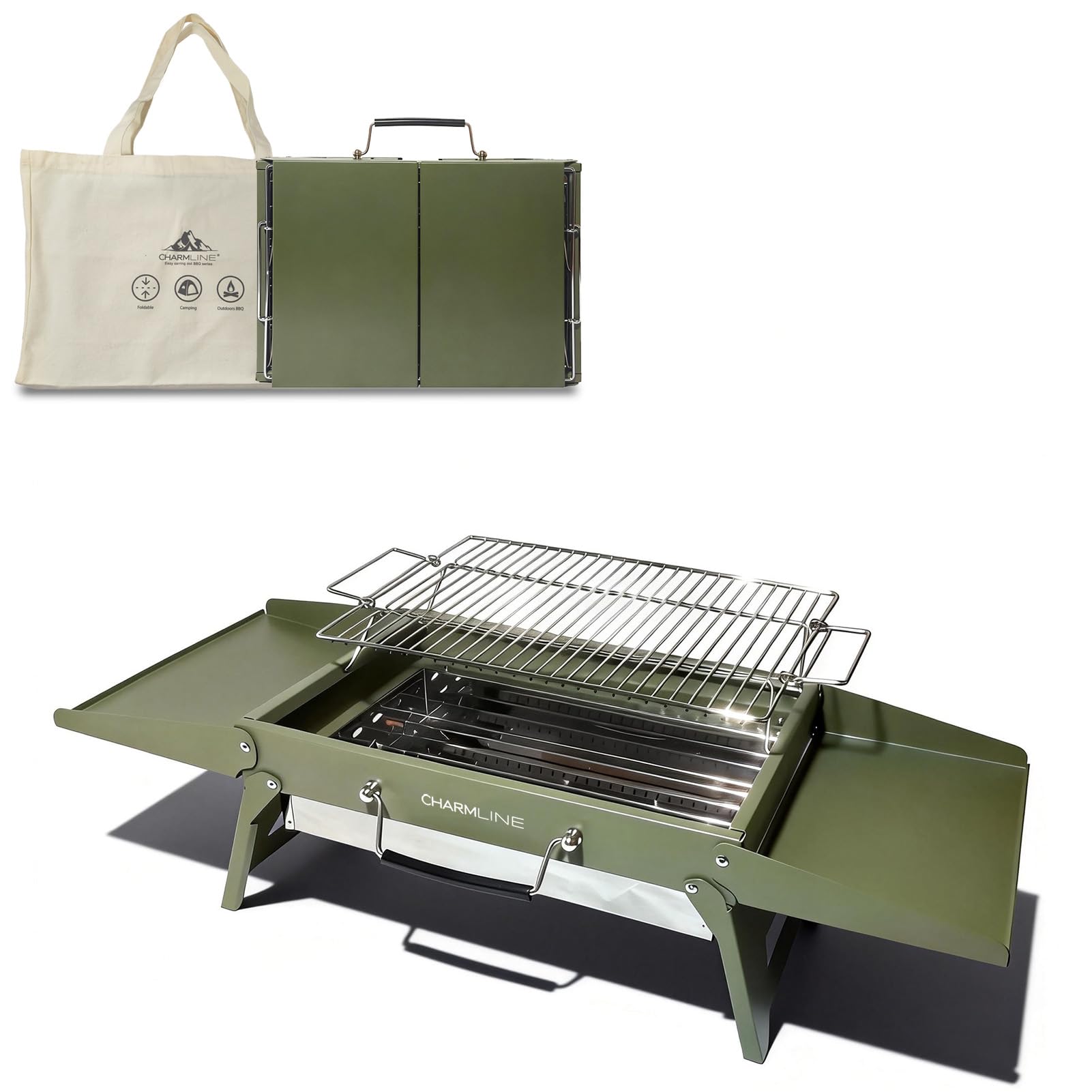 Charmline 39x27cm Griglia a Carbone Portatile Pieghevole, Barbecue Carbonella PortatileCompatta per Uso Esterno, Griglia BBQ per Campeggio, Picnic, Giardini e Feste in Spiaggia, Verde
