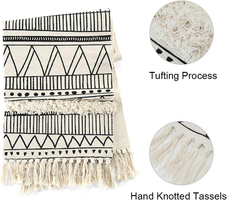 Get Special Price KIMODE Moroccan Fringe Table Runner 14 X 72 in, Bohemian Geometric Cotton Fabric Handmade Woven Tufted Tassels Christmas Table Linen Machine Washable Minimalist Home Decorative, Black and White