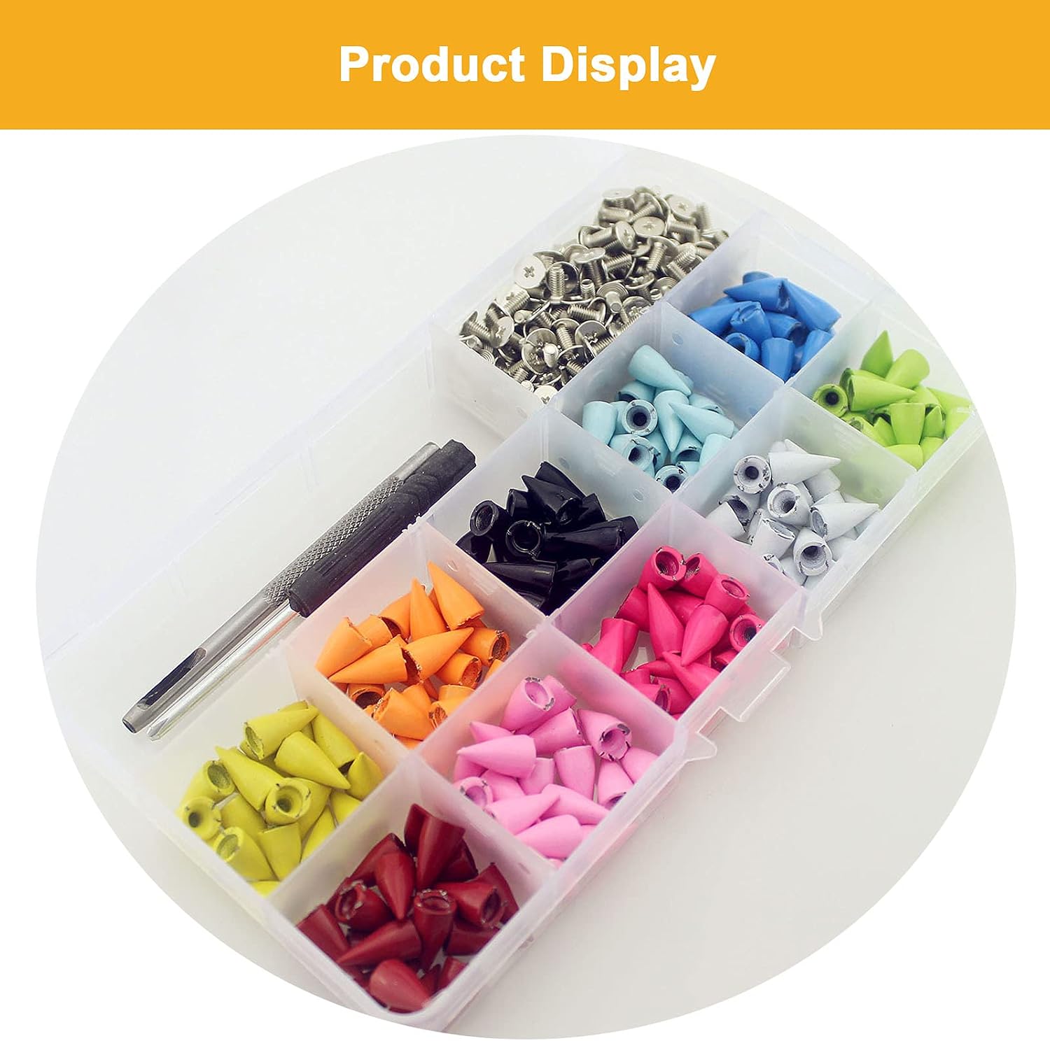 Korisitar 7x14mm Muiti-Color Punk Screwback Spikes 200 Sets Solid Alloy Tree Bullet Cone Studs DIY Leather Rivets with Tools for Clothing Shoes Crafts