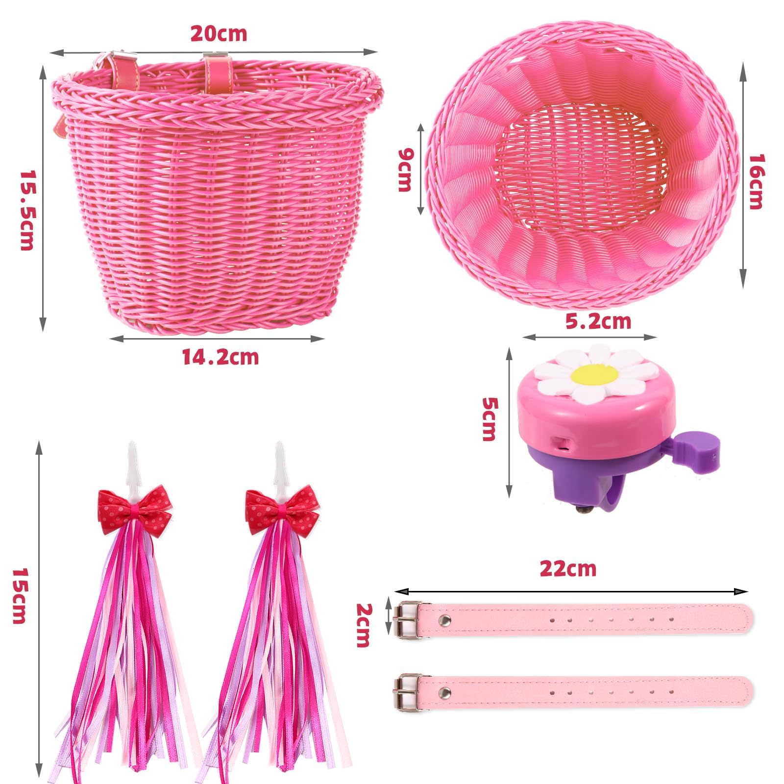 SVNR Kids Bike Basket, Girl Bike Basket Pink, Cycling Handle Bowknot Streamers and Bell - Image 2