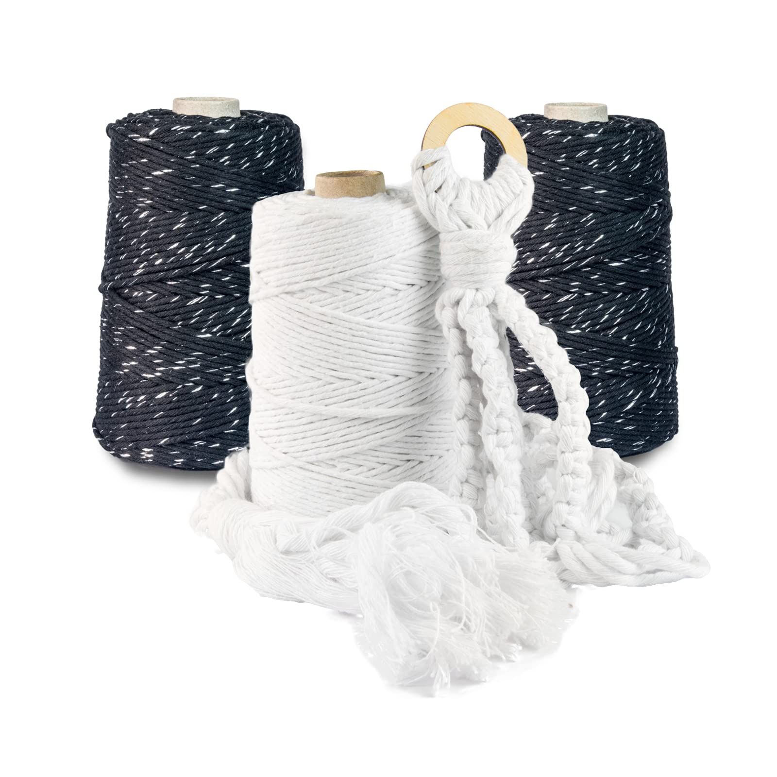 Hilo de macramé prémium, 800 m, 3 mm, negro con hilo plateado, 100 % algodón, cordón natural, hilo de algodón, decoración para manualidades